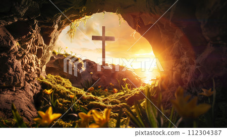Big cross on the entrance to the stone tomb 112304387