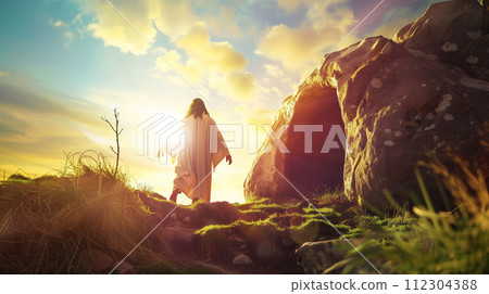Jesus emerges from the stone tomb into the daylight bathed in the sun 112304388