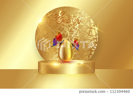 Easter gold podium and realistic golden egg with luxury colorful butterflies, Happy Easter day platform for product display. stand to show products. Stage podium, pedestal display luxury background 112304460
