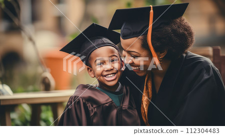 Happy black, African American mother hugging her student son in a cap, graduate cap in a wheelchair near an educational institution. Happy black, African American mother hugging her student son in a cap, graduate cap in a wheelchair near an educational institution. 112304483