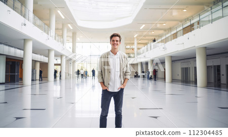 A young smiling, happy student guy is standing in the foyer of an educational institution. A young smiling, happy student guy is standing in the foyer of an educational institution. 112304485