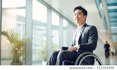 Happy smiling young Asian guy student in a wheelchair in the foyer of an educational institution. Happy smiling young Asian guy student in a wheelchair in the foyer of an educational institution. 112304490