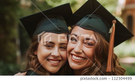 Happy mother hugging her daughter in a graduation cap near an educational institution. Happy mother hugging her daughter in a graduation cap near an educational institution. 112304499