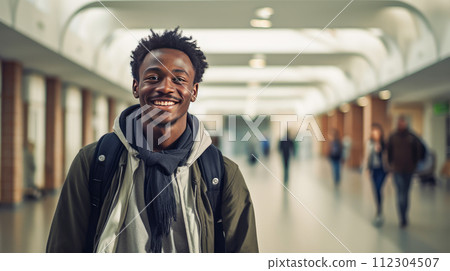 A young smiling, happy student, dark-skinned, black, Afro Amirakan guy stands in the foyer of an educational institution. 112304507