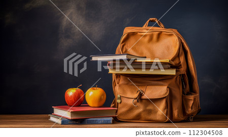 A stack of books, writing instruments and a backpack on a background of a wooden surface. 112304508