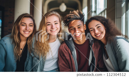 A group of multiracial young people, boys and girls, students of an educational institution smiling. A group of multiracial young people, boys and girls, students of an educational institution smiling. 112304512