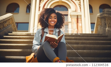 Smiling young dark-skinned, black, African-American girl sitting on the steps of an educational institution. Smiling young dark-skinned, black, African-American girl sitting on the steps of an educational institution. 112304516