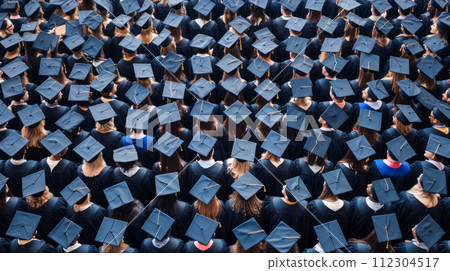 A large group of graduates in hats with their classmates are standing near the educational institution. 112304517