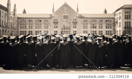 A large group of graduates in hats with their classmates are standing near an educational institution, black and white, old. A large group of graduates in hats with their classmates are standing near an educational institution, black and white, old. 112304518