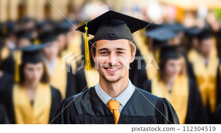 A young guy in a graduate hat against the backdrop of his classmates. A young guy in a graduate hat against the backdrop of his classmates. 112304519