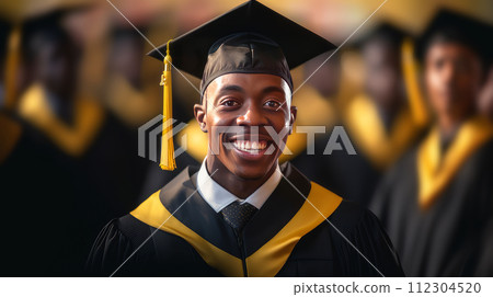 A young dark-skinned, black, African-American guy wearing a graduate hat against the background of his classmates. A young dark-skinned, black, African-American guy wearing a graduate hat against the background of his classmates. 112304520