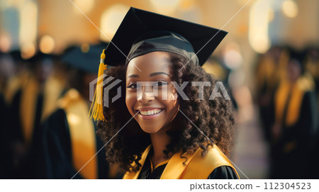 A young dark-skinned, black African-American girl wearing a graduate hat against the backdrop of her classmates. A young dark-skinned, black African-American girl wearing a graduate hat against the backdrop of her classmates. 112304523