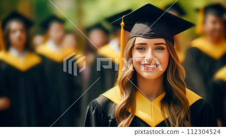 A young girl wearing a graduate hat in front of her classmates. 112304524