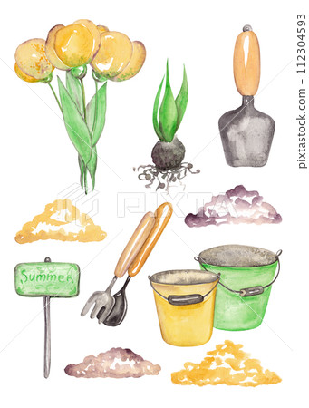 Clip-art of gardener and cleaning. Spring break at the dacha. Isolated watercolor illustrations 112304593