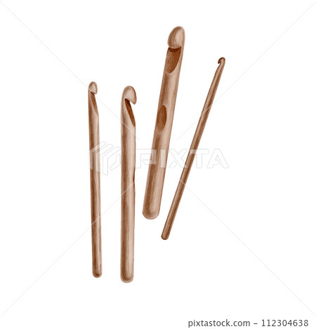 Set of wooden crochet hooks in different sizes.Watercolor illustration of wooden texture.For product packaging knitter blog,needlework store,business cards,websites,knitting school,posters,stickers. Set of wooden crochet hooks in different sizes.Watercolor illustration of wooden texture.For product packaging knitter blog,needlework store,business cards,websites,knitting school,posters,stickers. 112304638