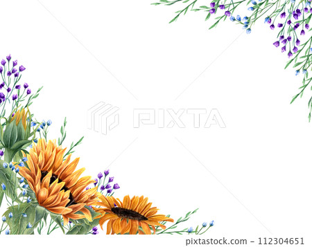 Horizontal frame with sunflowers, abstract meadow plants. Blue, purple, orange yellow flowers. Floral composition with copy space for text. Watercolor illustration for greetings, invitation 112304651