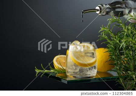 Cocktail gin tonic with ice, lemon, and rosemary. Cocktail gin tonic with ice, lemon, and rosemary. 112304865