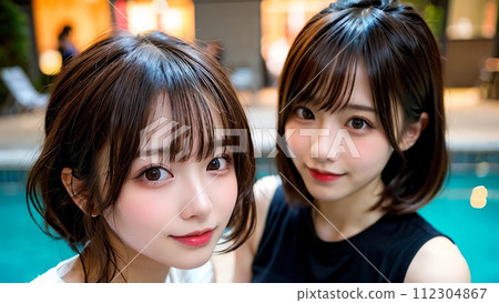 Two women smiling in the pool "AI generated image" 112304867