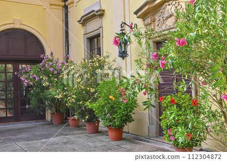 Little garden and historic architecture. Garden style. Flowers in flower pots. 112304872