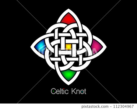 Celtic knot, interlocked circles logo, colorful vector tattoo ornament interlaced tape isolated on black background 112304967