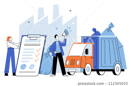 Waste management. Vector illustration. Ecological consciousness drives responsible waste management choices Junk materials can be repurposed through recycling initiatives Material circulation Waste management. Vector illustration. Ecological consciousness drives responsible waste management choices Junk materials can be repurposed through recycling initiatives Material circulation 112305035