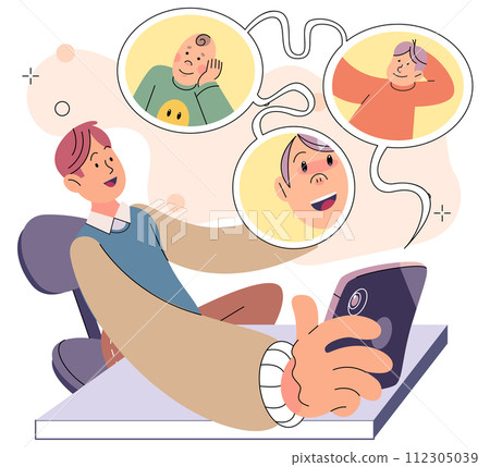 Gadget addiction. Vector illustration. Users often develop virtual connection to their devices, leading to addiction The habit constantly checking our phones has become deeply ingrained in society Gadget addiction. Vector illustration. Users often develop virtual connection to their devices, leading to addiction The habit constantly checking our phones has become deeply ingrained in society 112305039