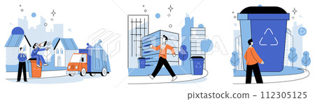 Waste management. Vector illustration. Pollution can be mitigated through responsible waste management and recycling efforts Environmental protection relies on effective waste management strategies Waste management. Vector illustration. Pollution can be mitigated through responsible waste management and recycling efforts Environmental protection relies on effective waste management strategies 112305125