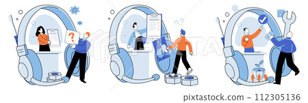 Support service. Vector illustration. Effective communication and customer satisfaction drive business success The customer service representative provides prompt assistance Online messaging platforms Support service. Vector illustration. Effective communication and customer satisfaction drive business success The customer service representative provides prompt assistance Online messaging platforms 112305136