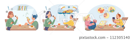 Gadget addiction. Vector illustration. Excessive device usage can lead to range physical and mental health problems Smartphones have become central part our daily habits and routines The internet Gadget addiction. Vector illustration. Excessive device usage can lead to range physical and mental health problems Smartphones have become central part our daily habits and routines The internet 112305140