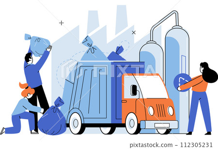 Waste management. Vector illustration. Recycling turns waste into valuable resources, fostering cleaner planet Sorting waste stream ensures optimal waste management and recycling Separating Separating Waste management. Vector illustration. Recycling turns waste into valuable resources, fostering cleaner planet Sorting waste stream ensures optimal waste management and recycling Separating Separating 112305231
