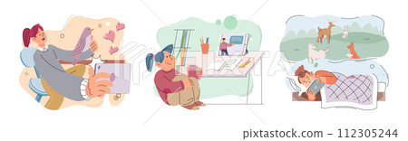 Gadget addiction. Vector illustration. Gadget addiction can lead to feelings isolation and detachment from real world The constant connectivity provided by gadgets can be both blessing and curse Gadget addiction. Vector illustration. Gadget addiction can lead to feelings isolation and detachment from real world The constant connectivity provided by gadgets can be both blessing and curse 112305244