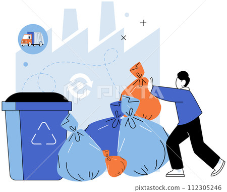 Waste management. Vector illustration. Recycling transforms waste into valuable resources, promoting cleaner Earth Sorting waste stream allows for better waste management and recycling outcomes Waste management. Vector illustration. Recycling transforms waste into valuable resources, promoting cleaner Earth Sorting waste stream allows for better waste management and recycling outcomes 112305246