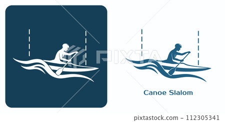 Emblem of Athlete in kayak paddling and navigating through waves and slalom gates. Emblem of Athlete in kayak paddling and navigating through waves and slalom gates. 112305341