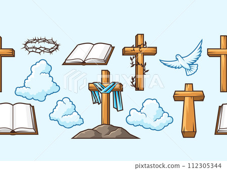 Happy Easter seamless pattern. Background with religious symbol. Happy Easter seamless pattern. Background with religious symbol. 112305344