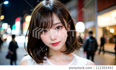 身穿白色連身裙、中長髮、溫柔微笑的女子“AI 生成圖像” 112305442