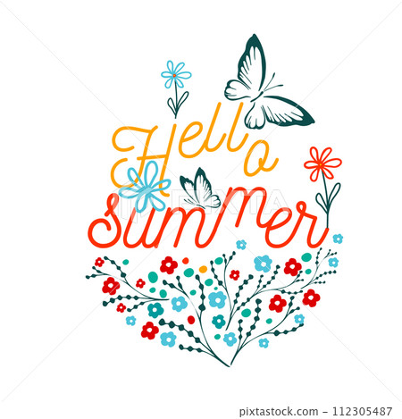 Hand drawn Postcard with flowers and butterflies. Hello summer. Not AI, Vector illustration 112305487