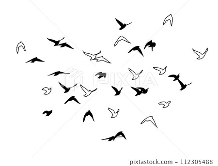 Flying birds silhouette flock. hand drawing. Not AI, Vector illustration Flying birds silhouette flock. hand drawing. Not AI, Vector illustration 112305488