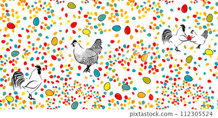 Chicken chicken and eggs. Easter seamless pattern. hand drawing. Not AI. Vector illustration Chicken chicken and eggs. Easter seamless pattern. hand drawing. Not AI. Vector illustration 112305524