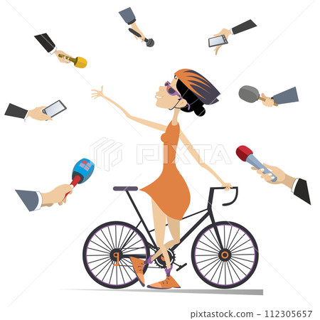 Mass media obtain an interview from the cyclist illustration. Reporters interview a smiling and proud cyclist woman isolated on white background Mass media obtain an interview from the cyclist illustration. Reporters interview a smiling and proud cyclist woman isolated on white background 112305657
