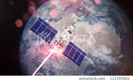 3D VFX rendering of the space-based satellite attacking object with laser weapon 3D VFX rendering of the space-based satellite attacking object with laser weapon 112305662
