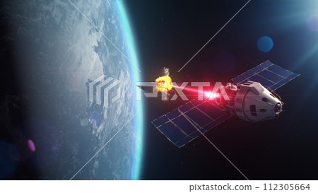 Satellite attacking another satellite with laser weapon in space on Earth planet orbit Satellite attacking another satellite with laser weapon in space on Earth planet orbit 112305664