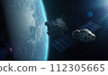 Satellite attacking another satellite with laser weapon in space on Earth planet orbit 112305665