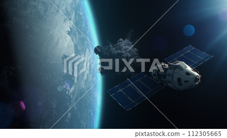 Satellite attacking another satellite with laser weapon in space on Earth planet orbit 112305665