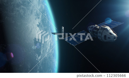 Satellite attacking another satellite with laser weapon in space on Earth planet orbit 112305666
