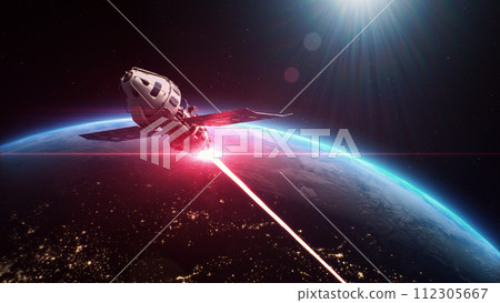 3D animation of satellite attacking space object with laser weapon 112305667