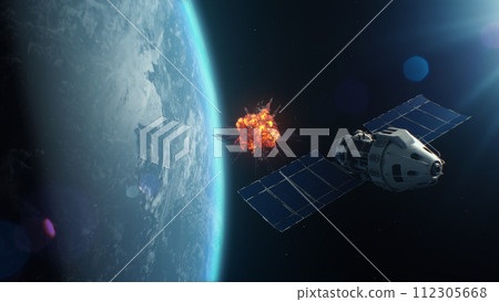 Satellite attacking another satellite with laser weapon in space on Earth planet orbit 112305668