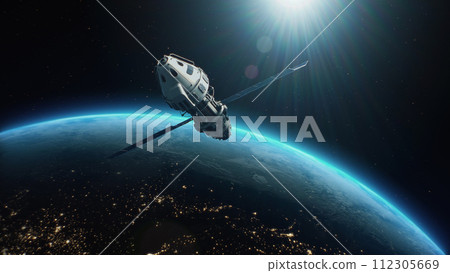 3D animation of satellite attacking space object with laser weapon 112305669