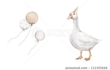 Watercolor goose and balloon for birthday pastel golden and beige color. Hand drawing illustration on isolated background. For design holidays pastel colors. 112305688
