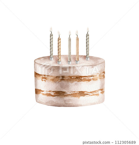 Sweets birthday cake with candles. Watercolor light beige illustration of design for holidays or wedding pastel colors. Hand drawn illustration on isolated white background. light color candles. 112305689