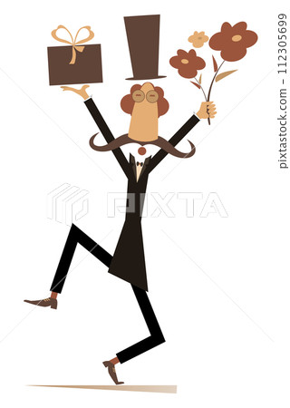 Man in the top hat with flowers and a present illustration. Cartoon man in the top hat with hands up holding flowers and a present box isolated on white background 112305699